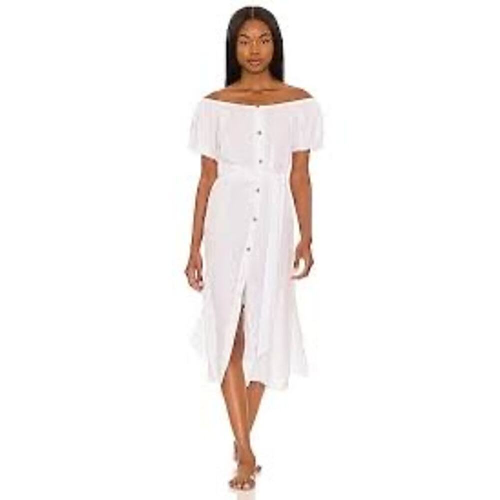 Eberjey The Harper White‎ Linen Short PUff Sleeve Button Down Midi Dress Size XL